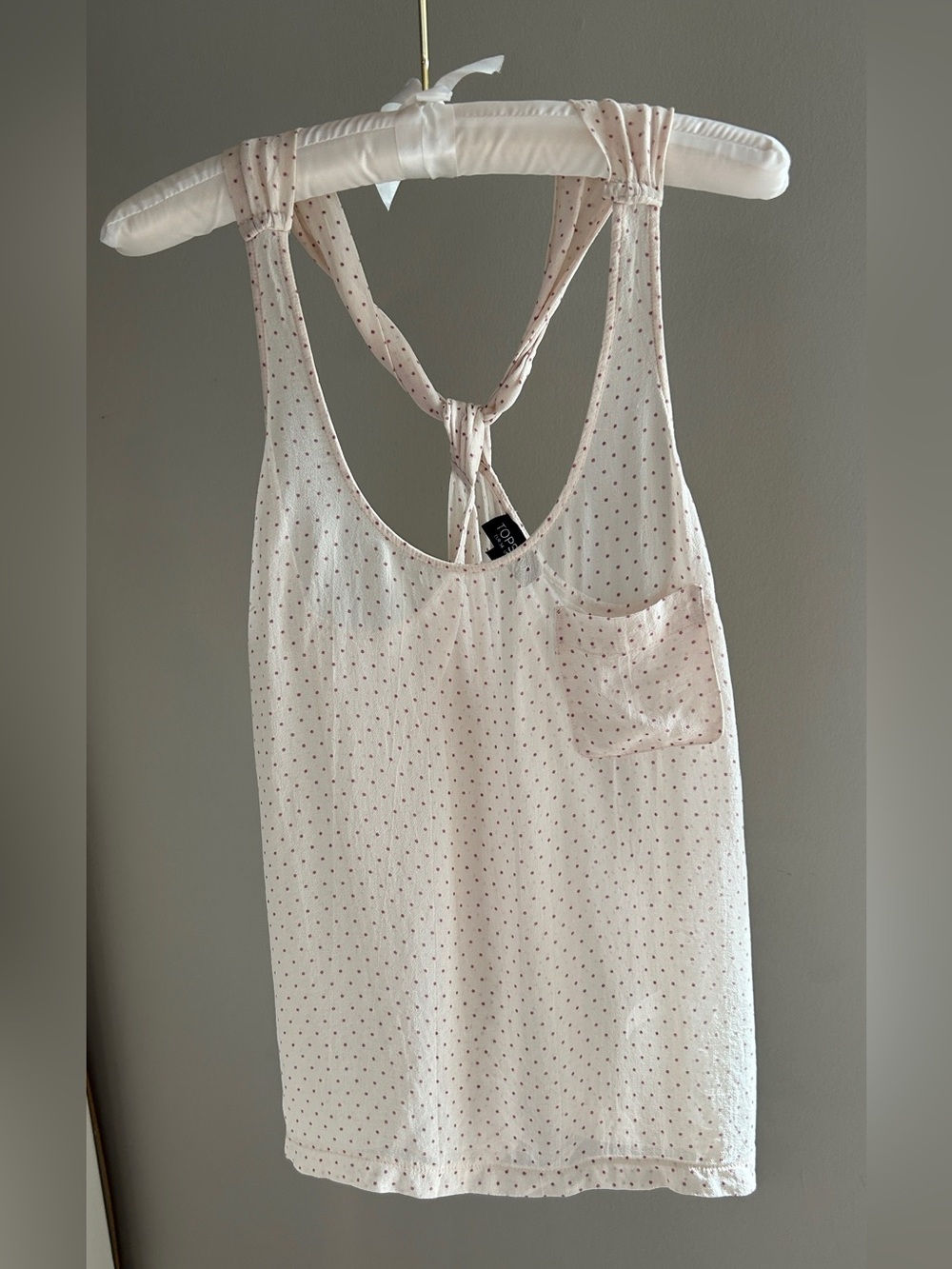 Topshop Cute Cream Mauve Polka Dot Semi Sheer Twisted Back Chest Pocket Top US 2